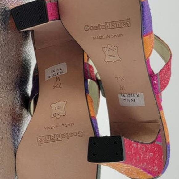 Costa Blanca Block Heel Sandals 7.5M Pink Gold Jacquard NIB Made in Spain - Picture 5 of 14
